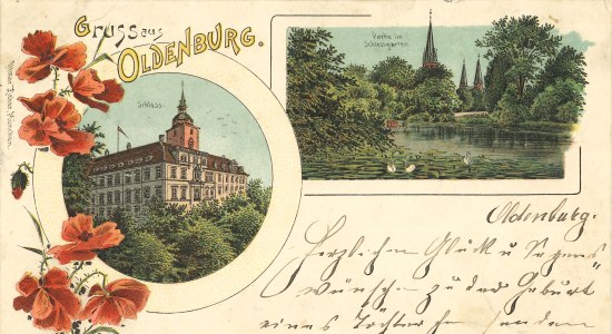 Postkarte „Gruss aus Oldenburg”, verschickt am 8. September 1898, © Landesmuseum Kunst und Kultur Oldenburg