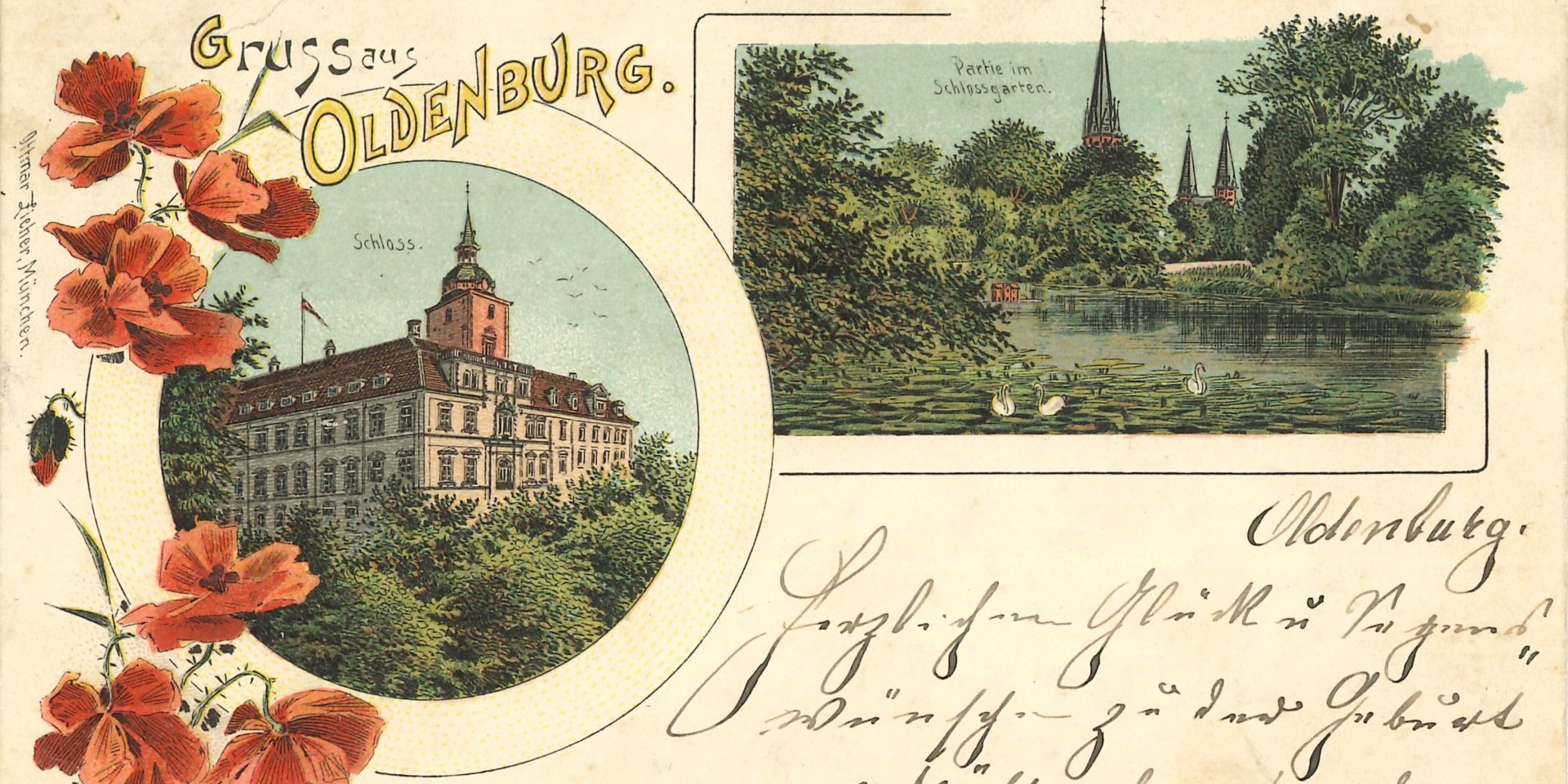 Postkarte „Gruss aus Oldenburg”, verschickt am 8. September 1898, © Landesmuseum Kunst und Kultur Oldenburg